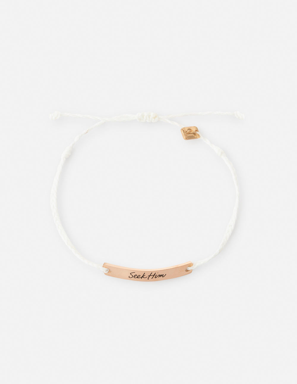Elevated Faith Christian Jewelry Bracelet with a 'Seek Him' engraved bar and adjustable string design