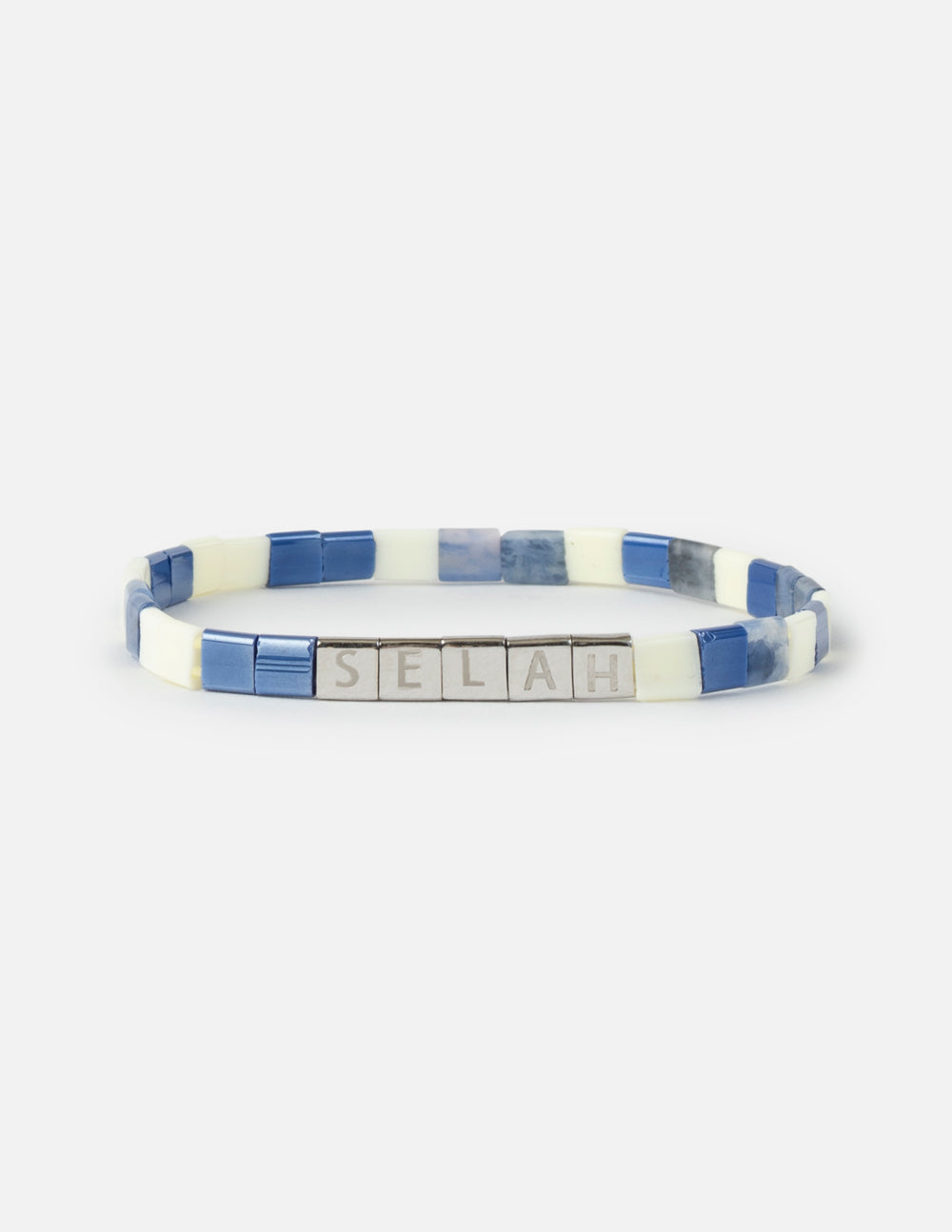 Elevated Faith Christian Jewelry Bracelet featuring blue and white colors with 'SELah' lettering