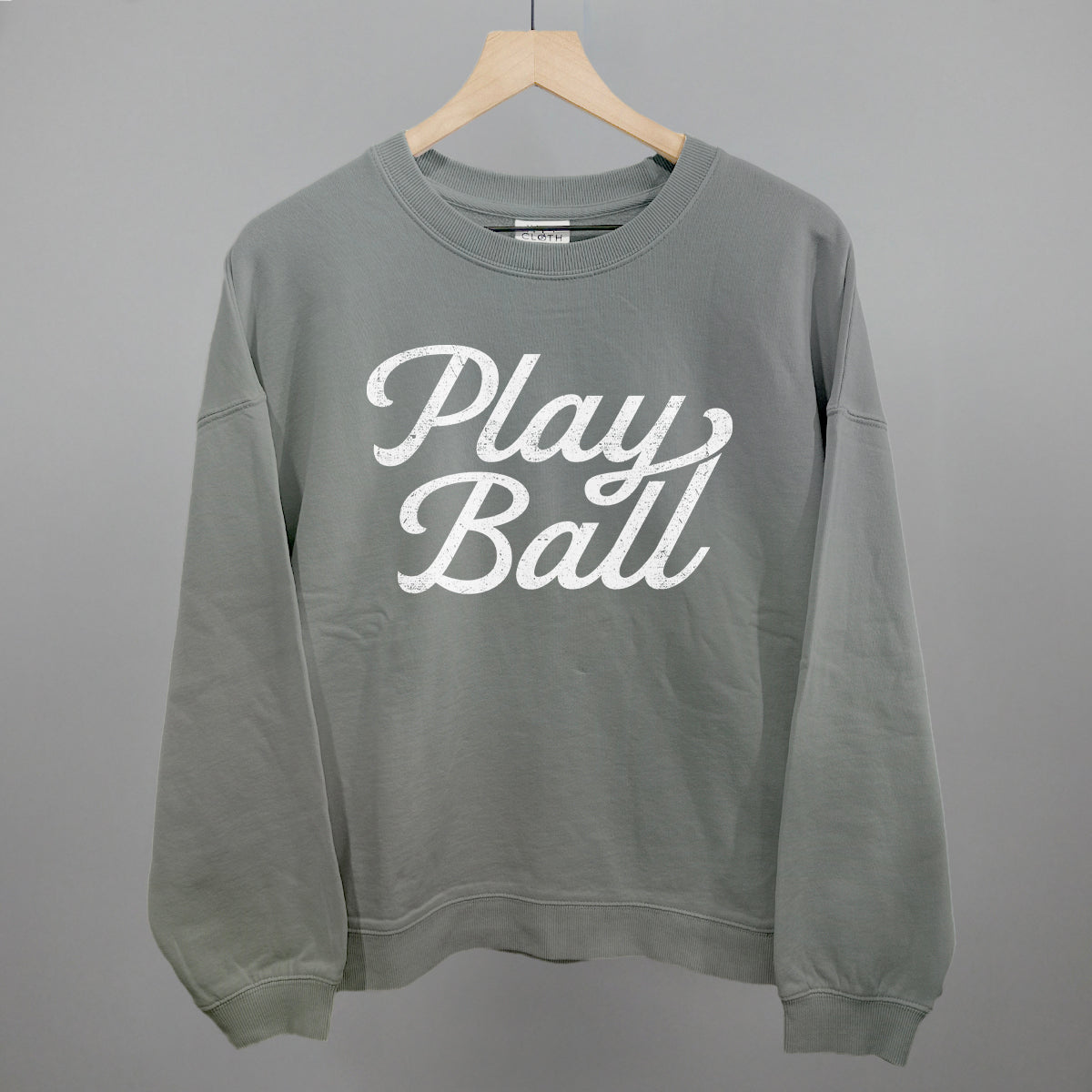Play Ball (Vintage Script White) Funny Oversized Boxy Crewneck Sweatshirt in Smoke – Ivy + Cloth