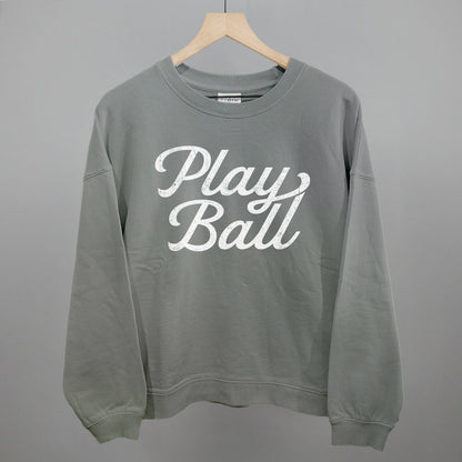 Play Ball (Vintage Script White) Funny Oversized Boxy Crewneck Sweatshirt in Smoke – Ivy + Cloth