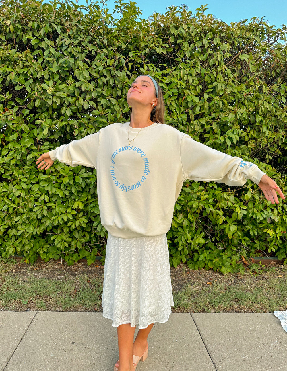 Elevated Faith Christian Crewneck Sweatshirt in light beige with inspirational circular graphic design
