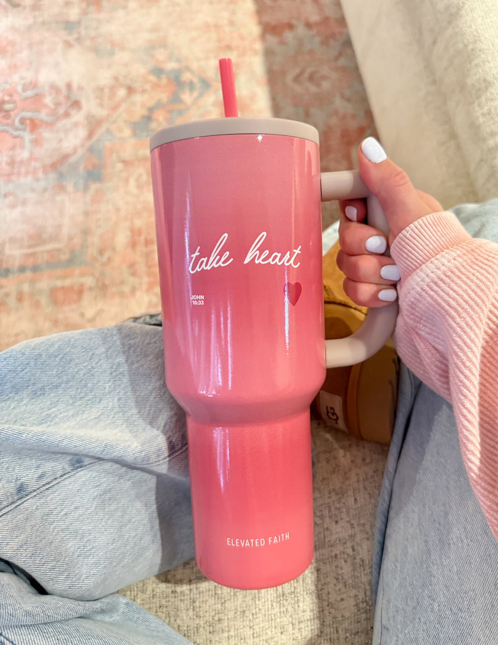 Elevated Faith Pink Tumbler with Take Heart Design, Ideal for Christian Gifts