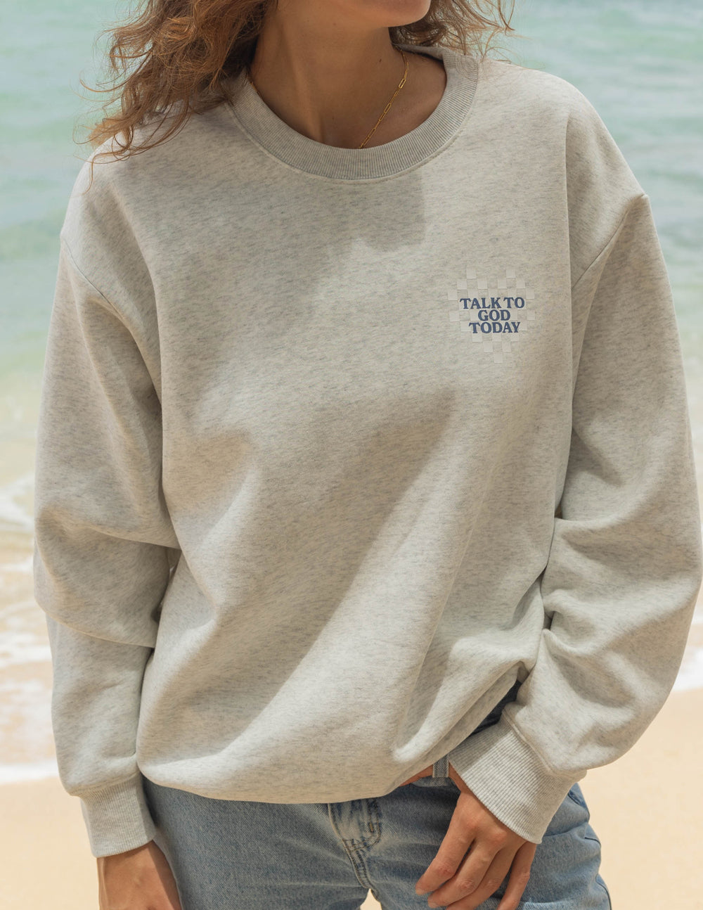 Elevated Faith Christian Crewneck Sweatshirt in gray with text 'Talk to God Today'