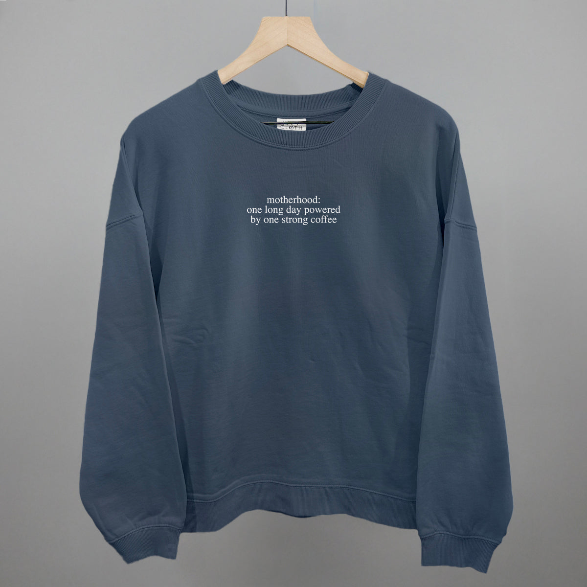 Motherhood Powered By Strong Coffee Mom graphic oversized boxy crew in Vintage Navy