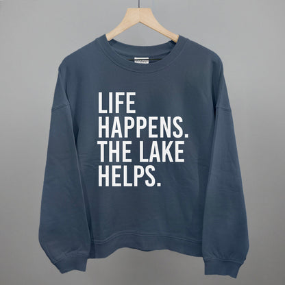 Life Happens. The Lake Helps. Funny Oversized Boxy Crewneck Sweatshirt in Vintage Navy – Ivy + Cloth