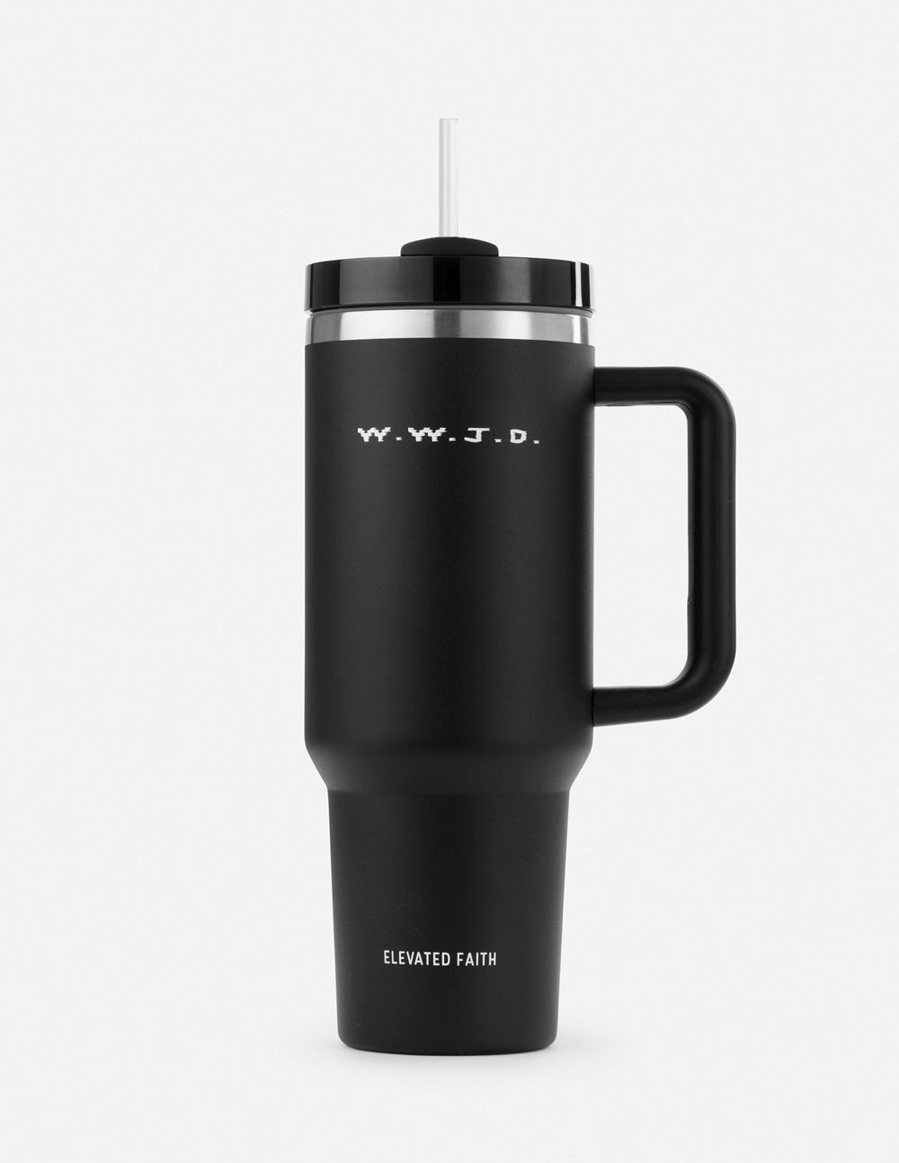 Elevated Faith W.W.J.D. Tumbler in Black, perfect for Christian gifts on the go