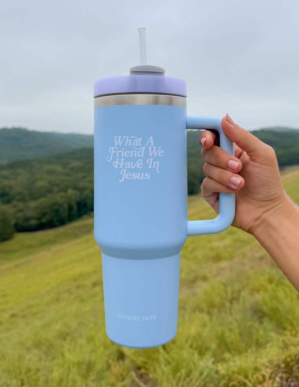 Elevated Faith Blue Tumbler with What A Friend We Have In Jesus Text for Christian Gifts