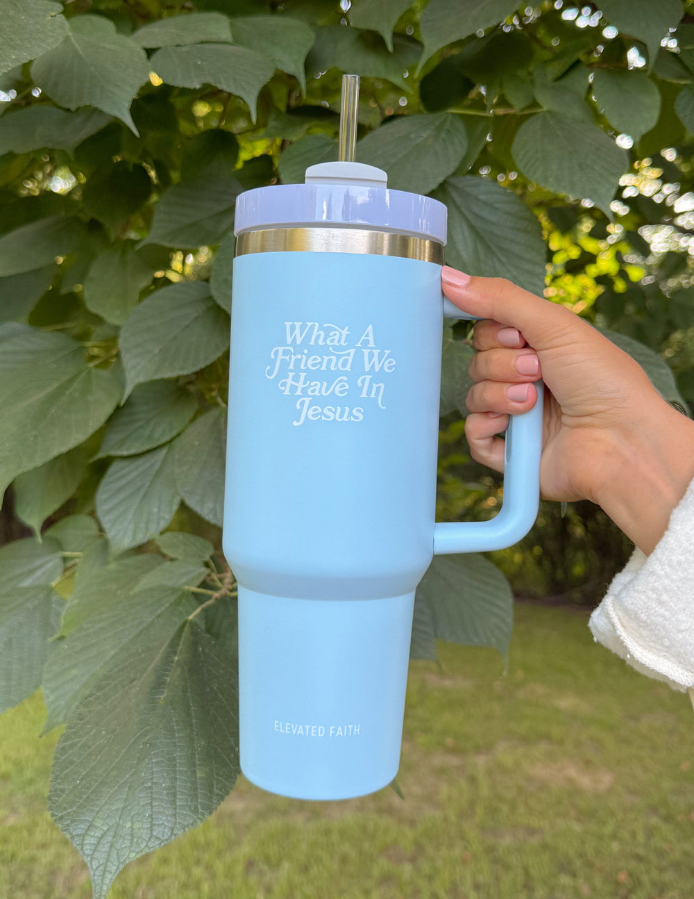Elevated Faith Blue Tumbler with Scripture and Straw, perfect as a Christian Gifts option