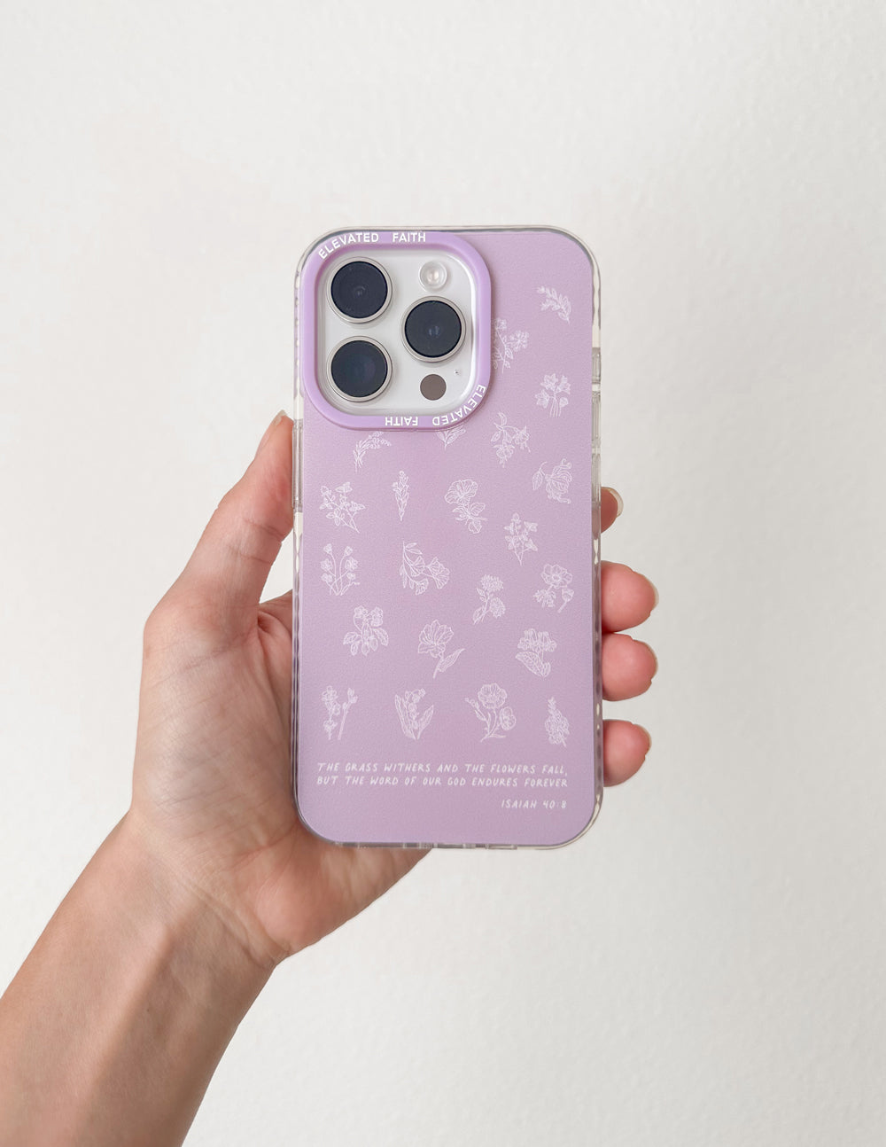 Elevated Faith Christian iPhone Case in Purple with Floral Design and Inspiring Scripture
