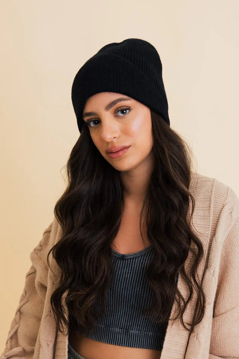 Frosty Front Fold Snuggle Ribbed Beanie knit winter hat in Black