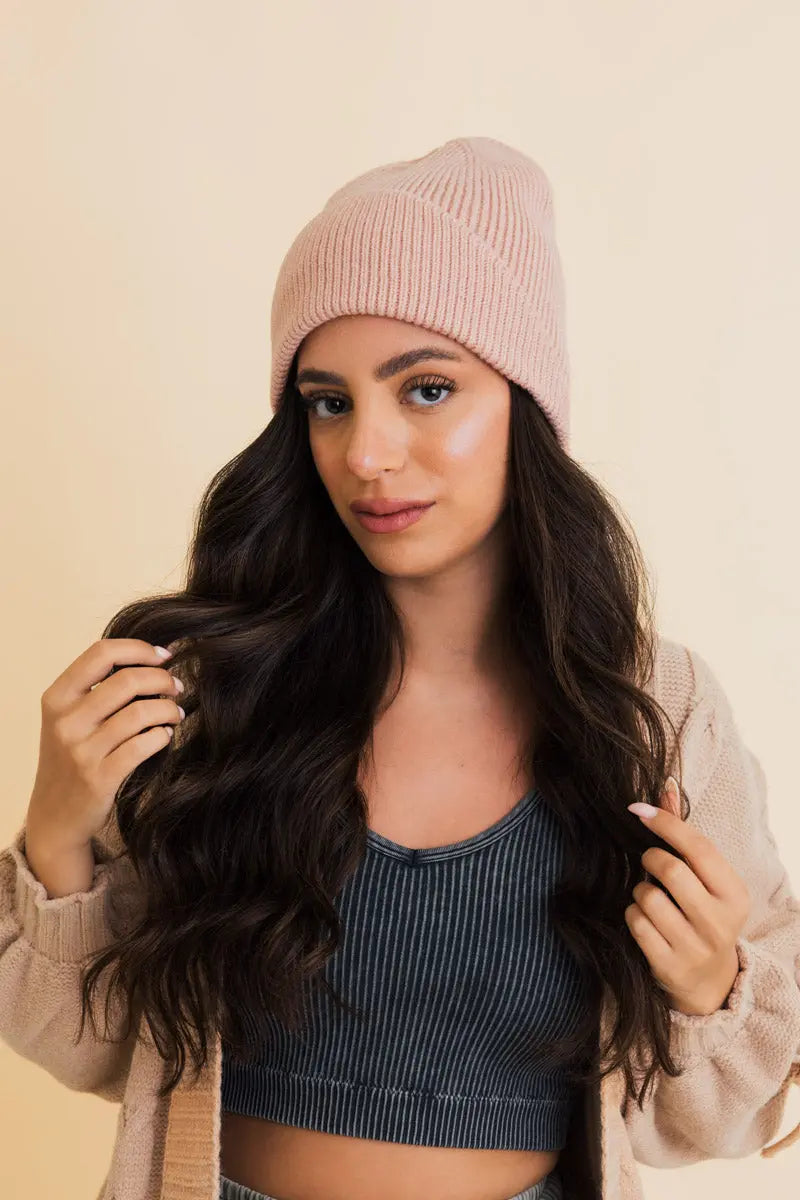 Frosty Front Fold Snuggle Ribbed Beanie knit winter hat in Blush