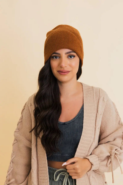 Frosty Front Fold Snuggle Ribbed Beanie knit winter hat in Copper