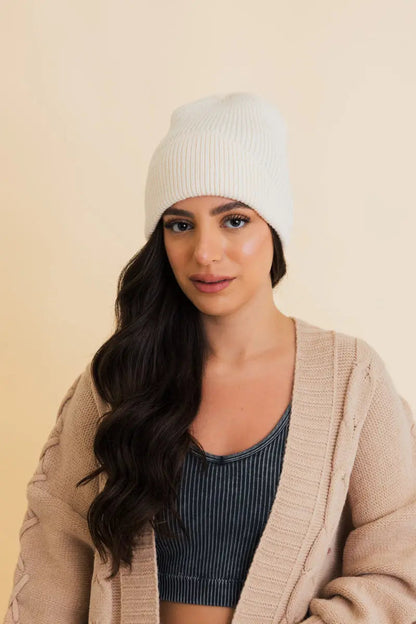 Frosty Front Fold Snuggle Ribbed Beanie knit winter hat in Ivory