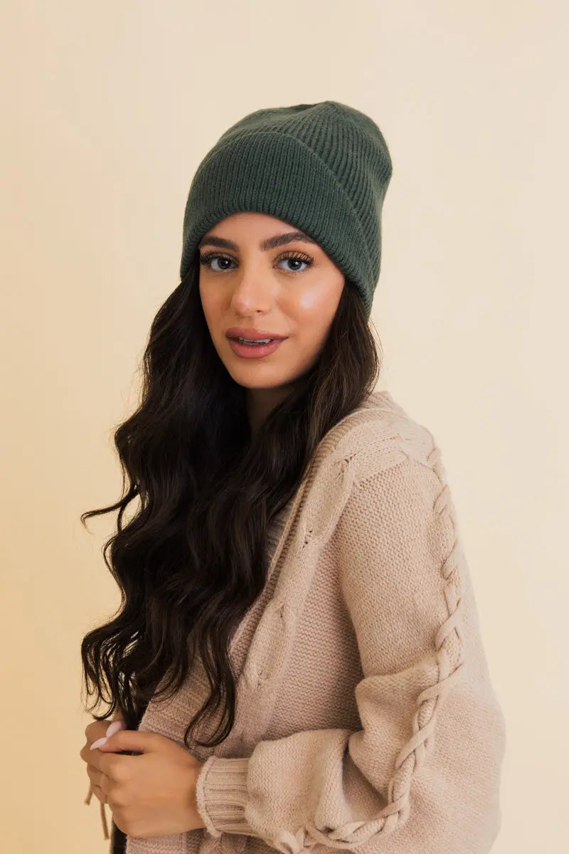 Frosty Front Fold Snuggle Ribbed Beanie knit winter hat in Pine