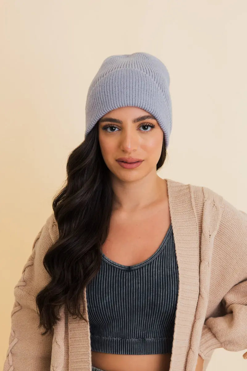 Frosty Front Fold Snuggle Ribbed Beanie knit winter hat in Silver Gray
