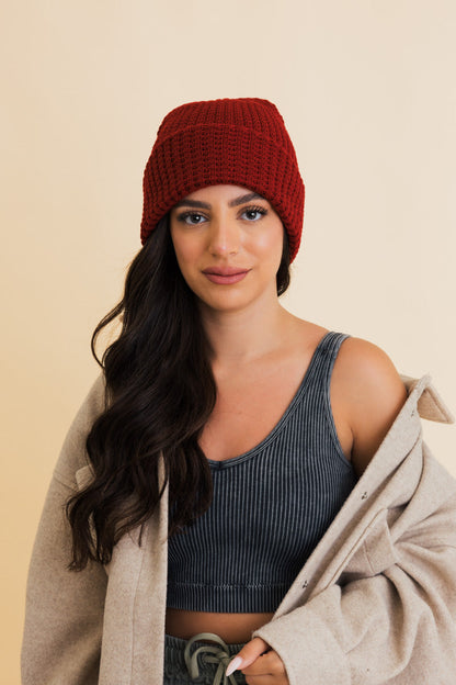 Toasty Waffle Puff Beanie knit winter hat in Berry