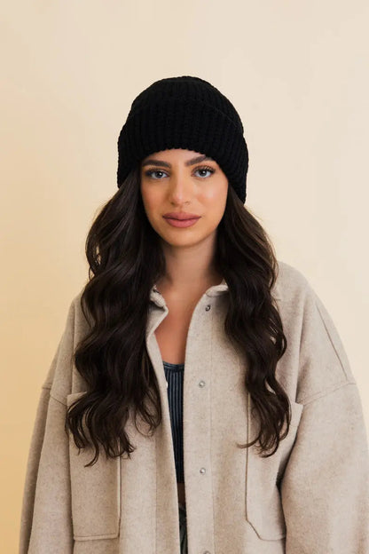Toasty Waffle Puff Beanie knit winter hat in Black