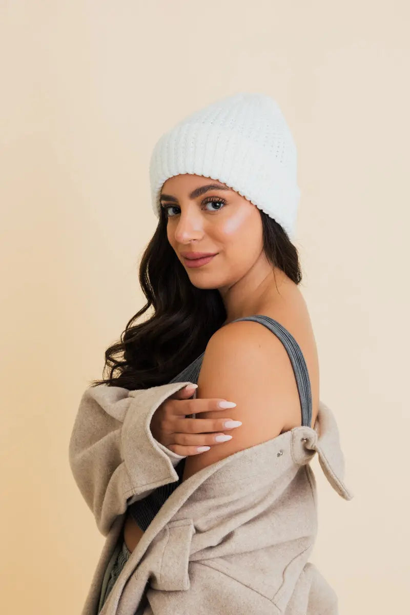 Toasty Waffle Puff Beanie knit winter hat in Ivory