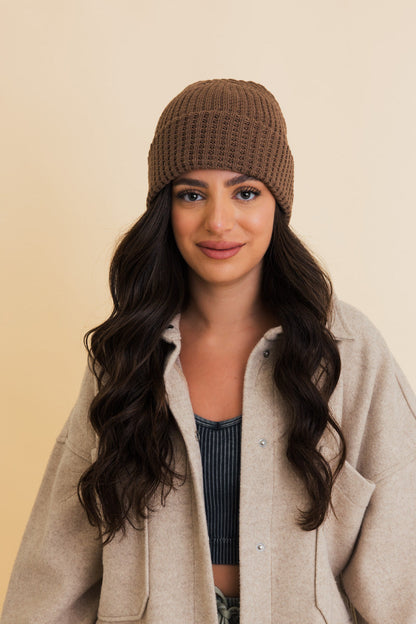 Toasty Waffle Puff Beanie knit winter hat in Mocha