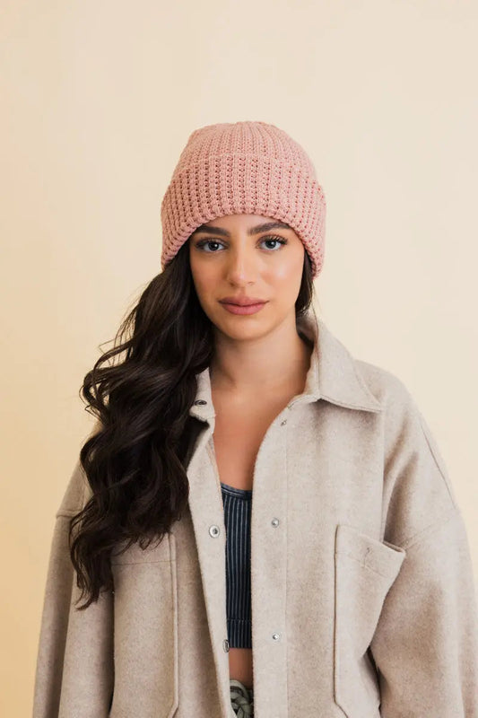 Toasty Waffle Puff Beanie knit winter hat in Rose