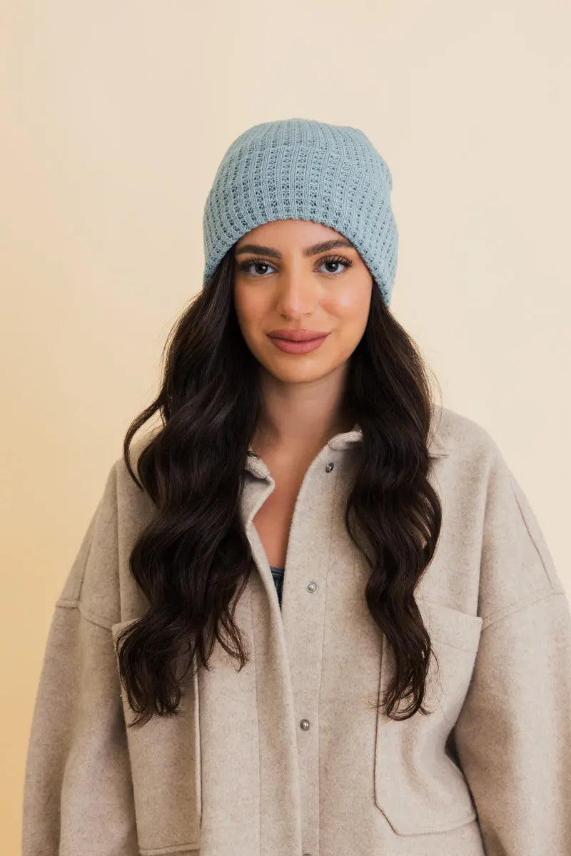 Toasty Waffle Puff Beanie knit winter hat in Blue