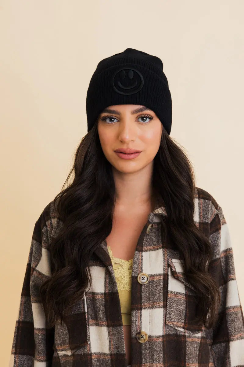 Embroidered Smiley Face Ribbed Knit Beanie knit winter hat in Black