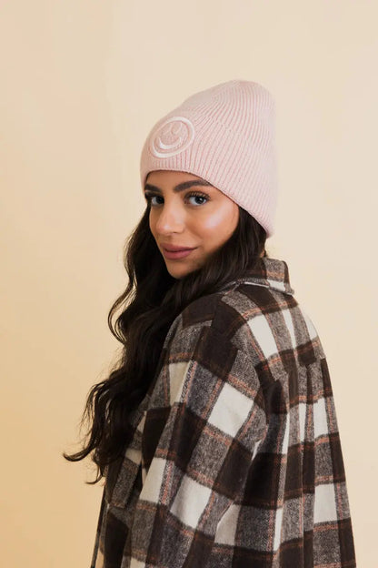 Embroidered Smiley Face Ribbed Knit Beanie, cozy knit winter hat – view 14