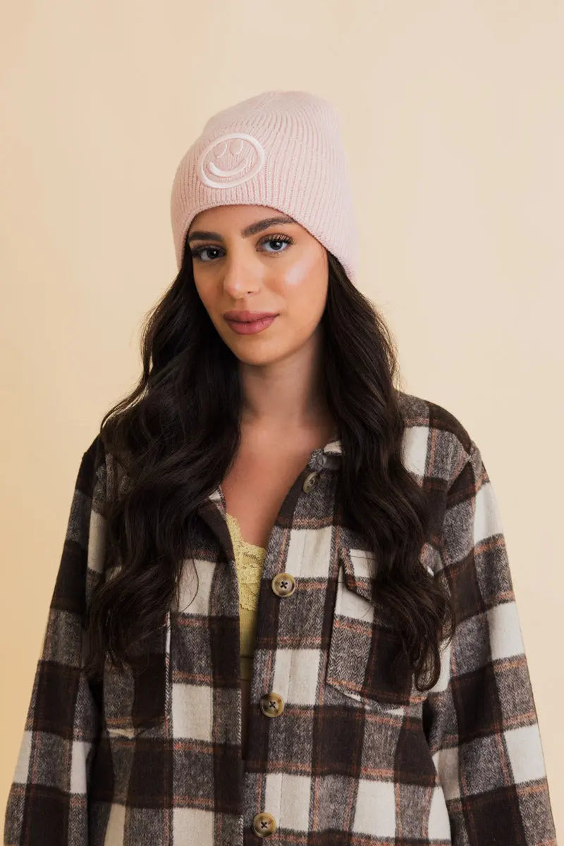 Embroidered Smiley Face Ribbed Knit Beanie knit winter hat in Blush