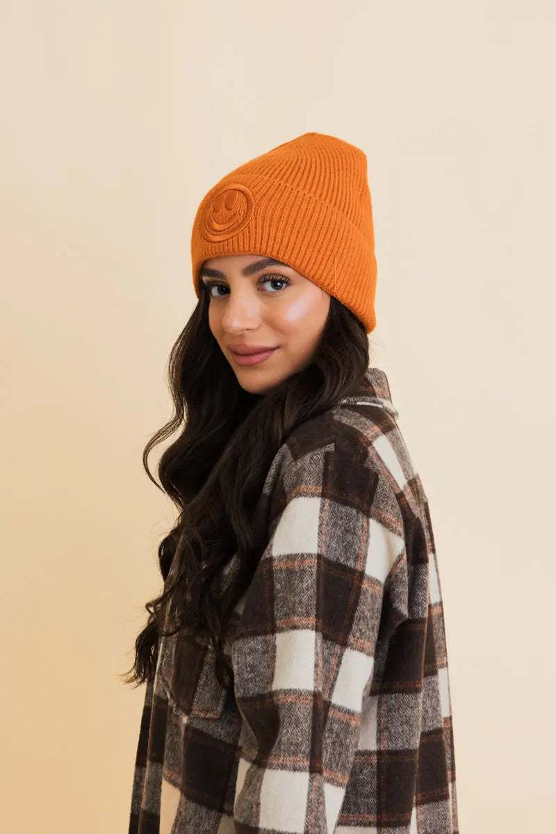 Embroidered Smiley Face Ribbed Knit Beanie, cozy knit winter hat – view 4