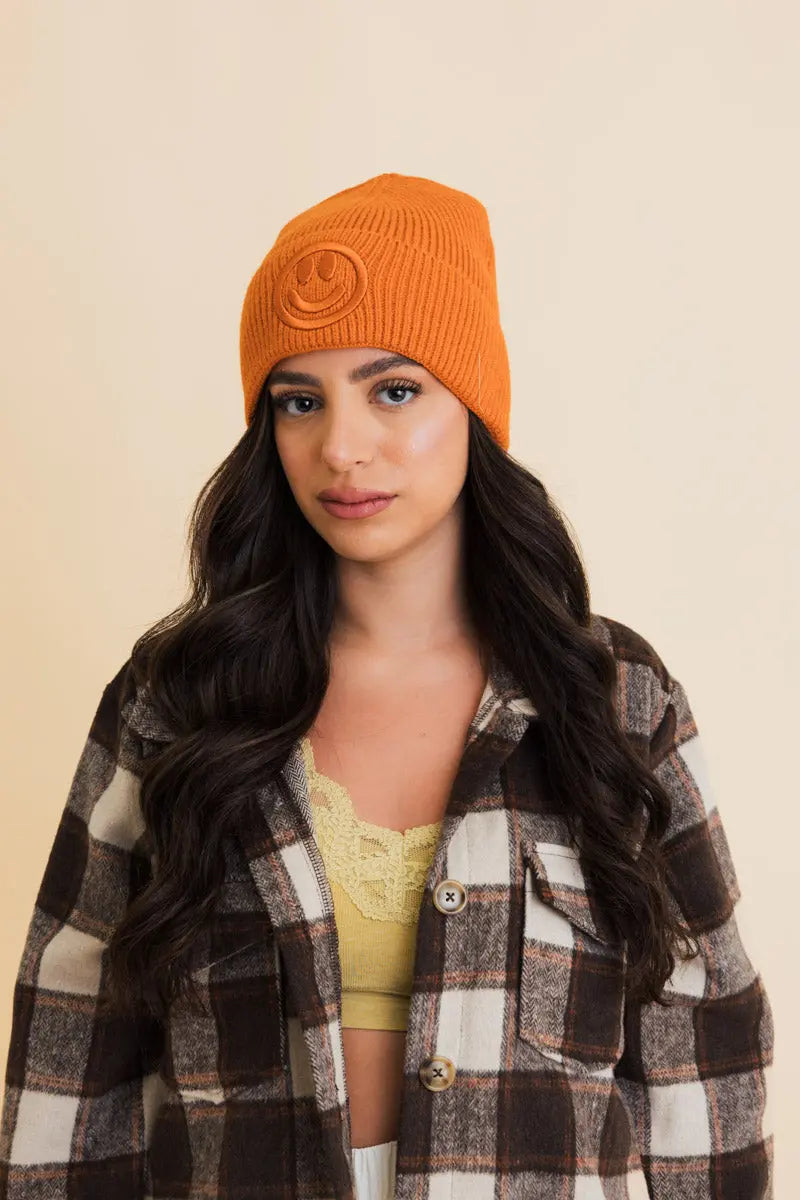 Embroidered Smiley Face Ribbed Knit Beanie knit winter hat in Burnt Orange