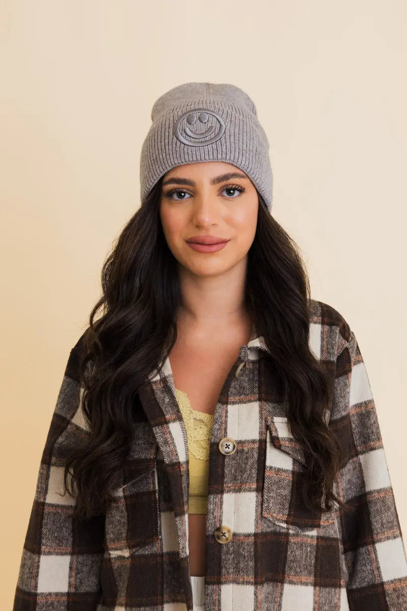Embroidered Smiley Face Ribbed Knit Beanie knit winter hat in Gray