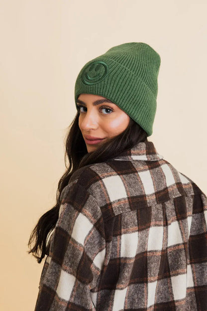 Embroidered Smiley Face Ribbed Knit Beanie, cozy knit winter hat – view 10