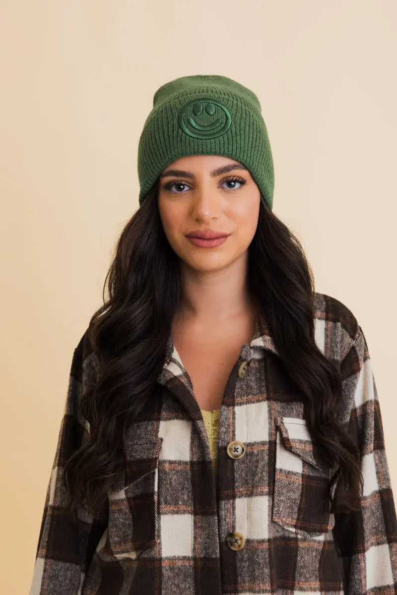 Embroidered Smiley Face Ribbed Knit Beanie knit winter hat in Green