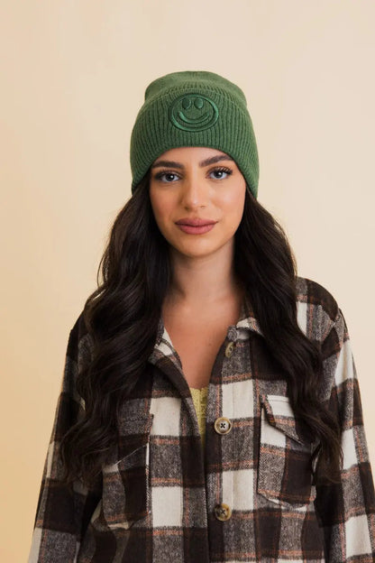 Embroidered Smiley Face Ribbed Knit Beanie knit winter hat in Green