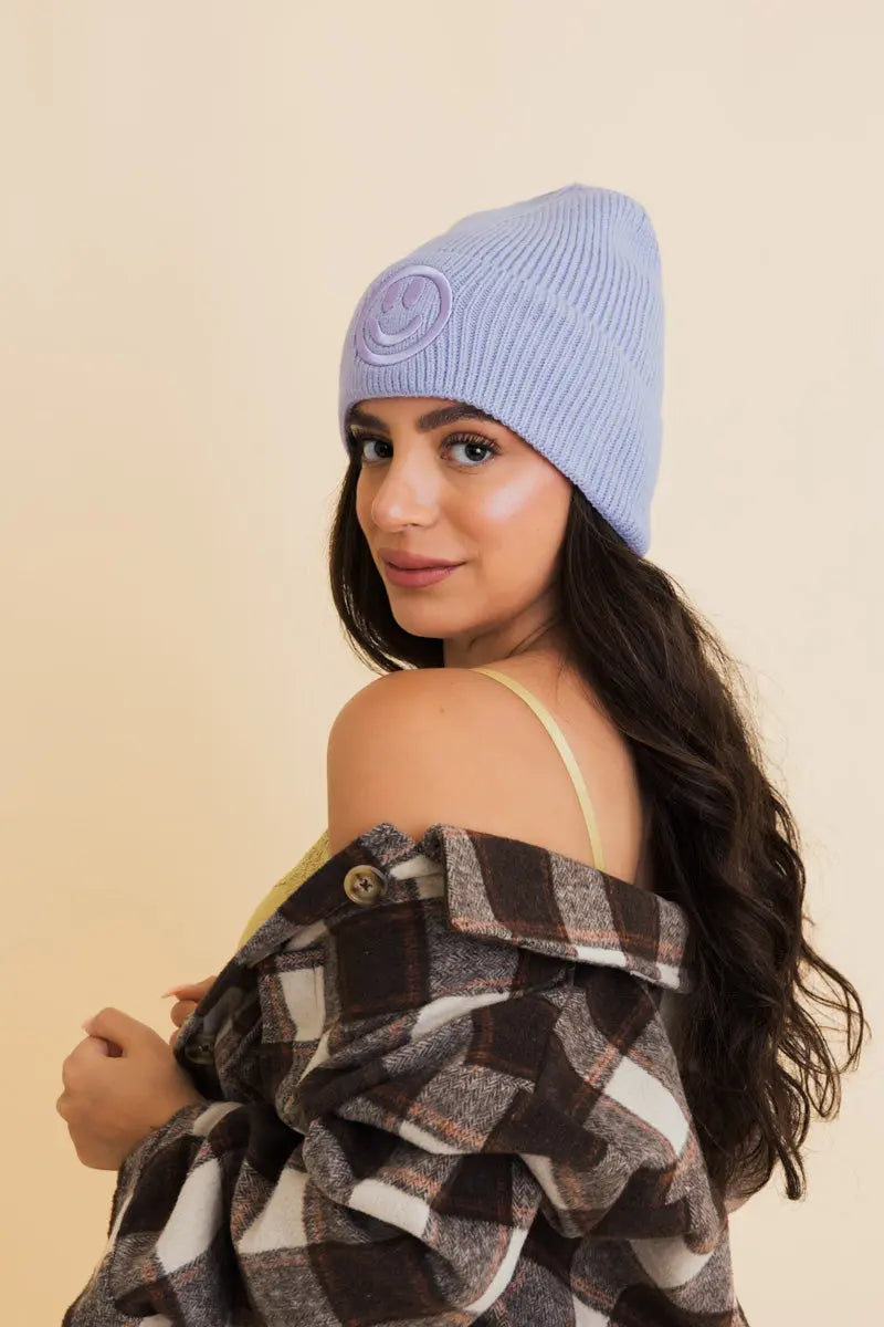 Embroidered Smiley Face Ribbed Knit Beanie, cozy knit winter hat – view 2