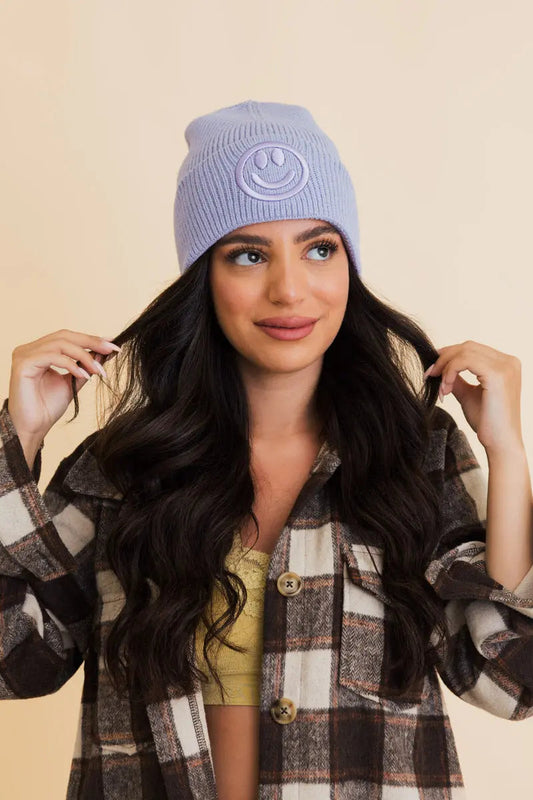 Embroidered Smiley Face Ribbed Knit Beanie knit winter hat in Lavender