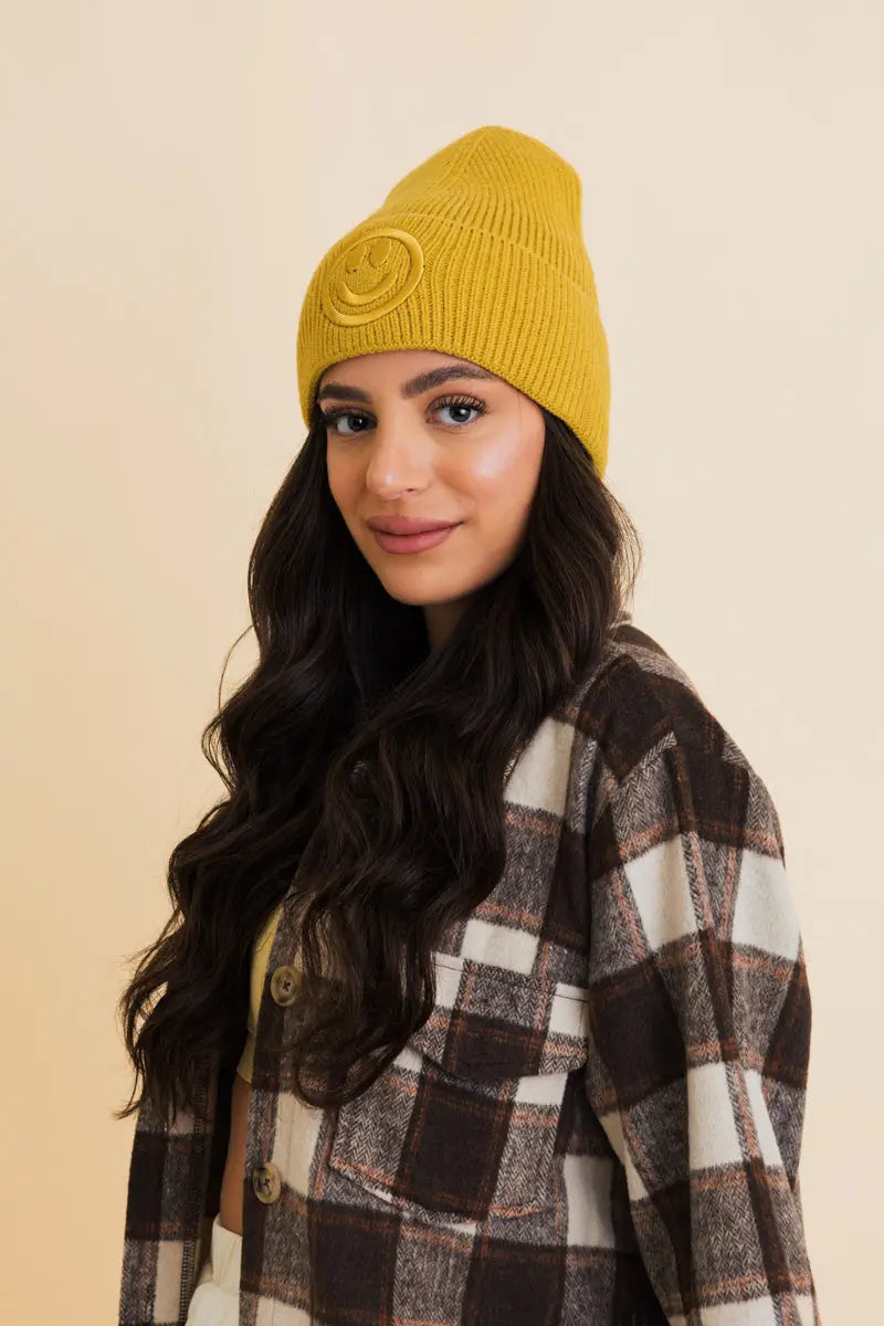 Embroidered Smiley Face Ribbed Knit Beanie, cozy knit winter hat – view 8
