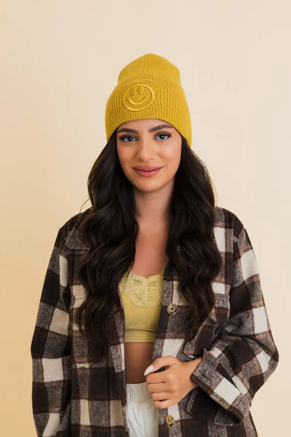 Embroidered Smiley Face Ribbed Knit Beanie knit winter hat in Mustard