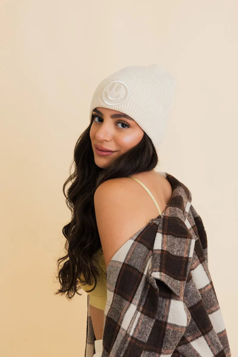 Embroidered Smiley Face Ribbed Knit Beanie, cozy knit winter hat – view 5