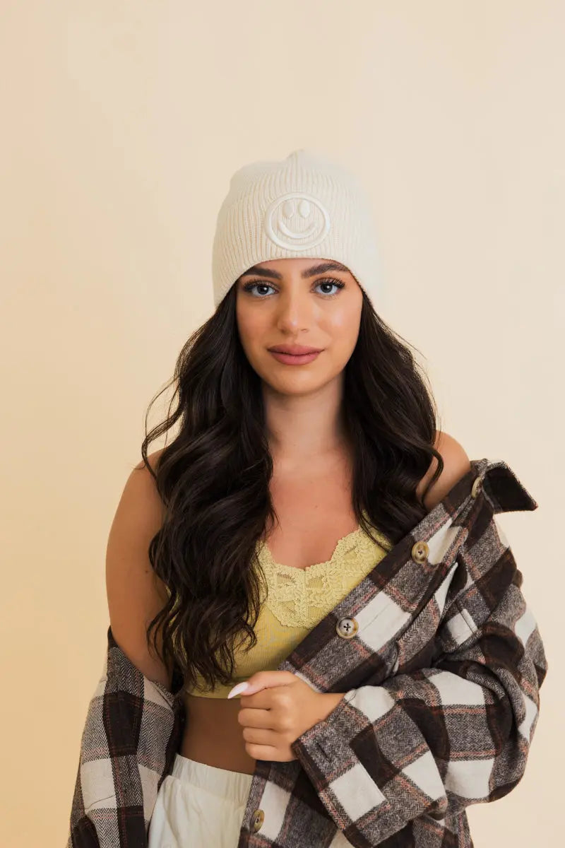 Embroidered Smiley Face Ribbed Knit Beanie knit winter hat in Vanilla