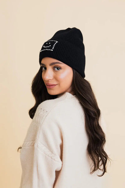 Square Sparkle Smiles Ribbed Beanie, cozy knit winter hat – view 4