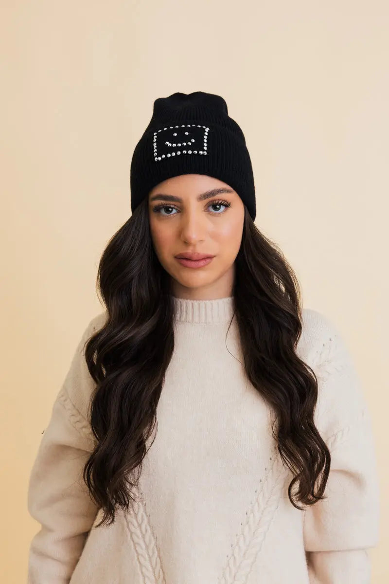 Square Sparkle Smiles Ribbed Beanie knit winter hat in Black