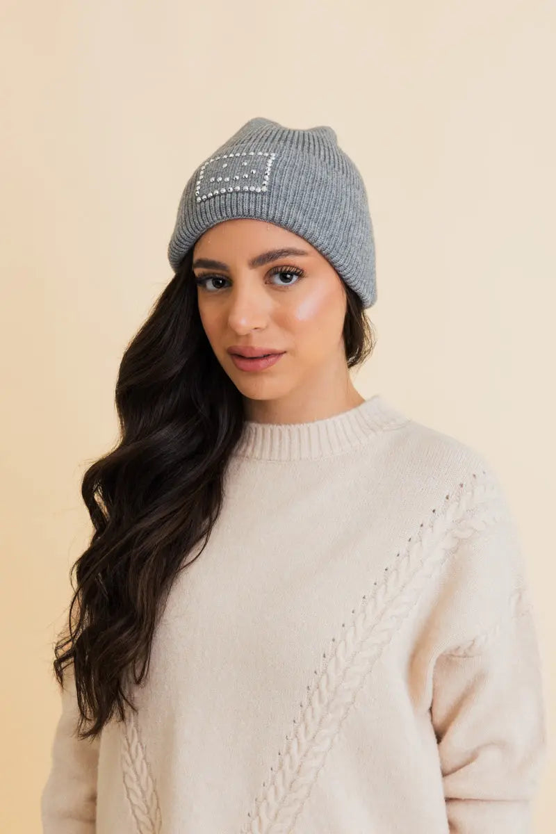Square Sparkle Smiles Ribbed Beanie knit winter hat in Gray