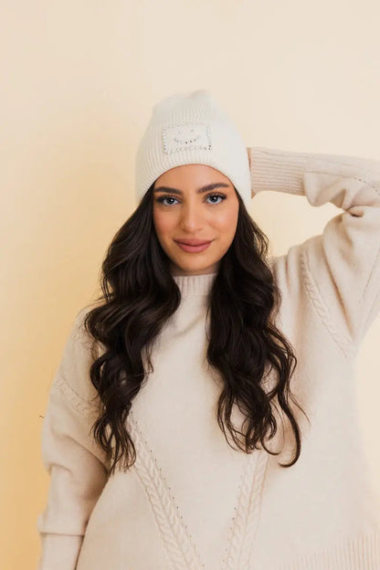Square Sparkle Smiles Ribbed Beanie knit winter hat in Ivory