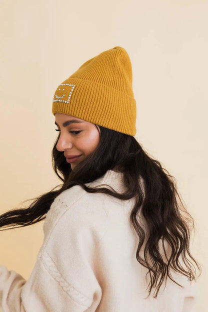 Square Sparkle Smiles Ribbed Beanie, cozy knit winter hat – view 2
