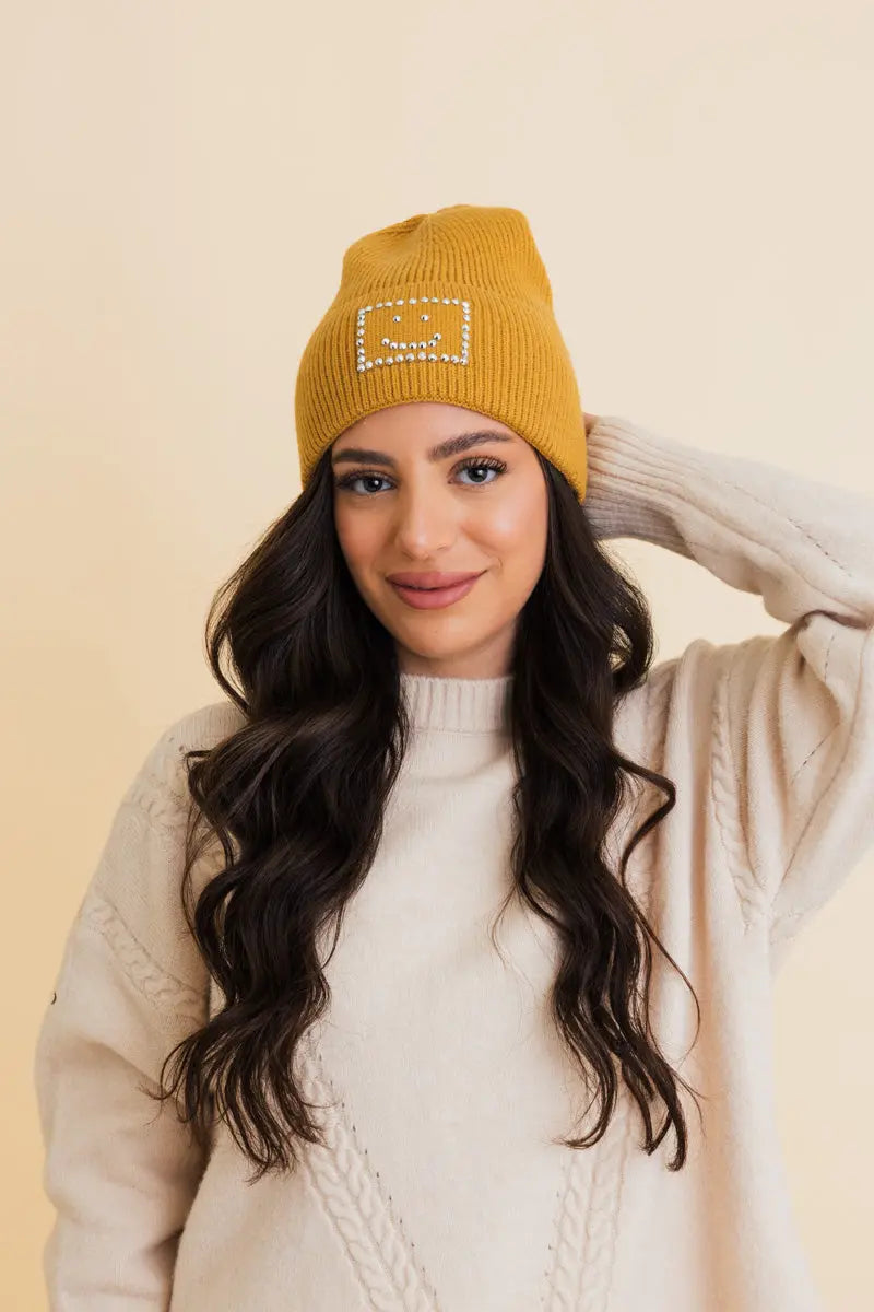 Square Sparkle Smiles Ribbed Beanie knit winter hat in Mustard