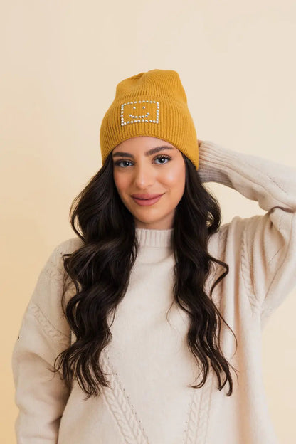 Square Sparkle Smiles Ribbed Beanie knit winter hat in Mustard