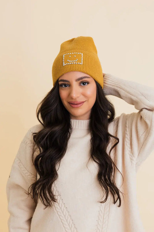 Square Sparkle Smiles Ribbed Beanie knit winter hat in Mustard