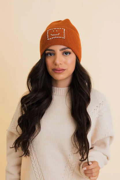 Square Sparkle Smiles Ribbed Beanie knit winter hat in Rust