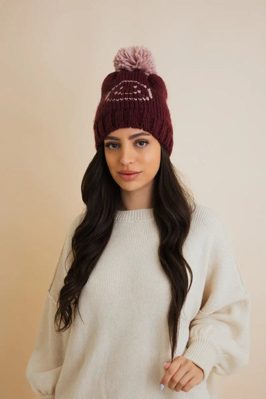Snuggle & Happy Cheer Up Pom Beanie knit winter hat in Wine